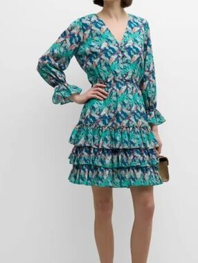 Atelier 1756 Colombia Tiered Teal Floral V-Neck Women’s Mini Dress Sz XS